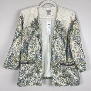 Chico's Heritage Tweed Embellished Jacket Womens 8 Cotton Lined Long Sleeve